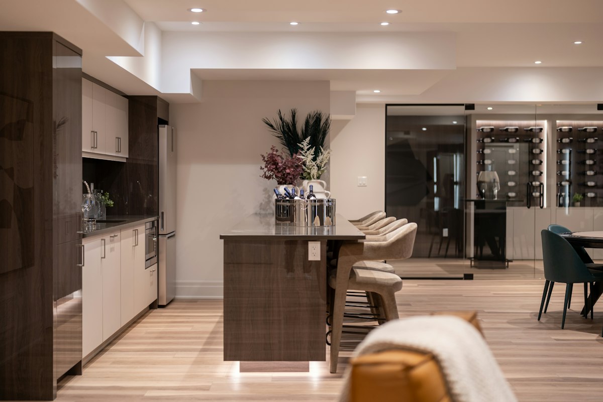 Finished basement with bar and wine room