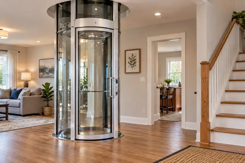 Round glass pneumatic home elevator in a bright family home